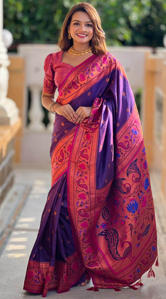 Adorable Purple Paithani Silk Saree With Ravishing Blouse Piece