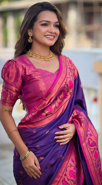 Adorable Purple Paithani Silk Saree With Ravishing Blouse Piece