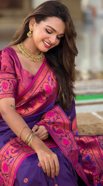 Adorable Purple Paithani Silk Saree With Ravishing Blouse Piece