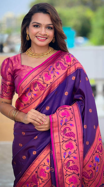 Adorable Purple Paithani Silk Saree With Ravishing Blouse Piece
