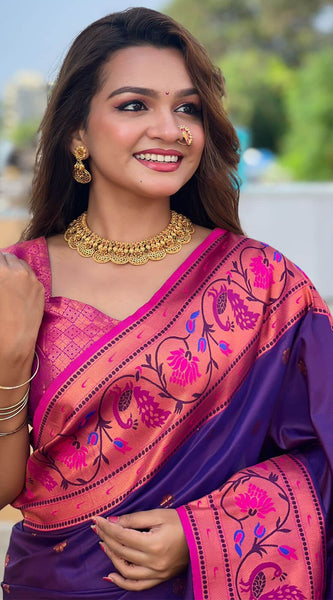 Adorable Purple Paithani Silk Saree With Ravishing Blouse Piece