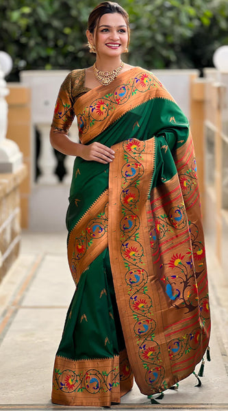 Smashing Dark Green Paithani Silk Saree With Seraglio Blouse Piece