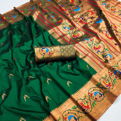 Smashing Dark Green Paithani Silk Saree With Seraglio Blouse Piece
