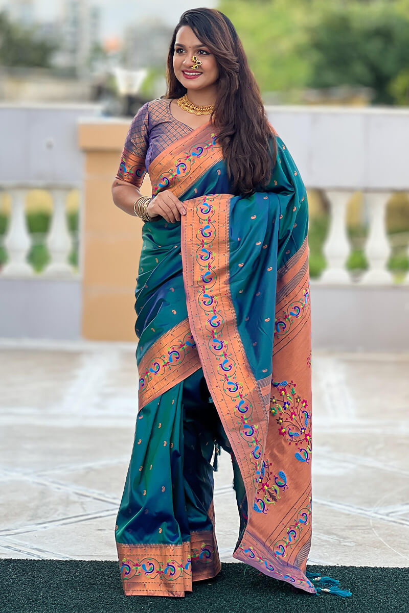 Panache Teal Blue Paithani Silk Saree With Glittering Blouse Piece