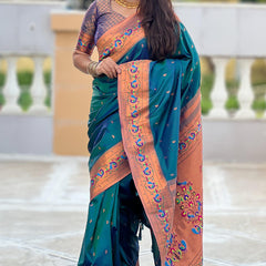 Panache Teal Blue Paithani Silk Saree With Glittering Blouse Piece