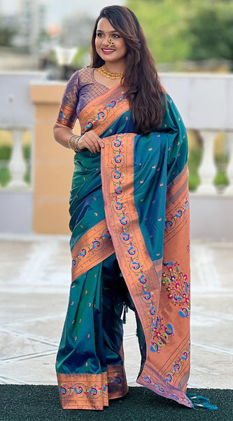 Panache Teal Blue Paithani Silk Saree With Glittering Blouse Piece