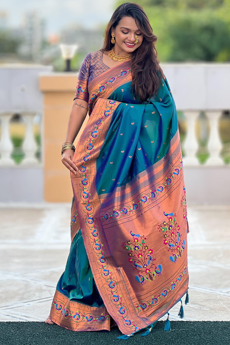 Panache Teal Blue Paithani Silk Saree With Glittering Blouse Piece