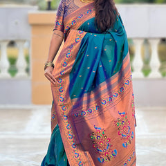 Panache Teal Blue Paithani Silk Saree With Glittering Blouse Piece