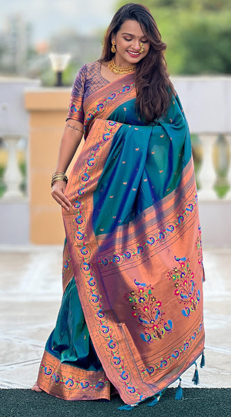 Panache Teal Blue Paithani Silk Saree With Glittering Blouse Piece