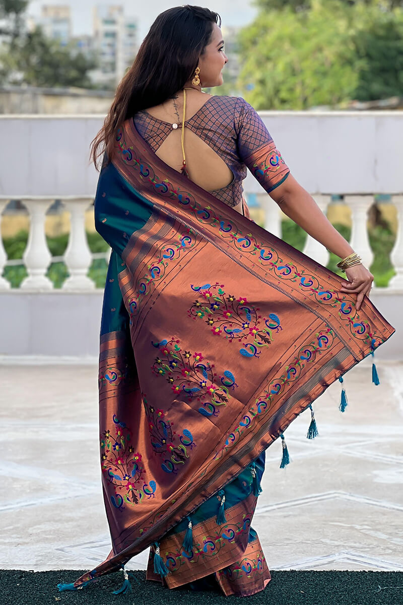Panache Teal Blue Paithani Silk Saree With Glittering Blouse Piece