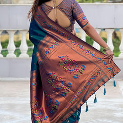 Panache Teal Blue Paithani Silk Saree With Glittering Blouse Piece
