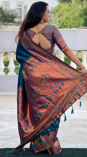Panache Teal Blue Paithani Silk Saree With Glittering Blouse Piece