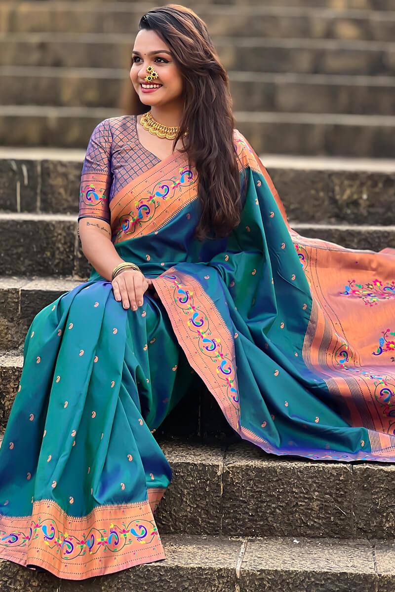 Panache Teal Blue Paithani Silk Saree With Glittering Blouse Piece