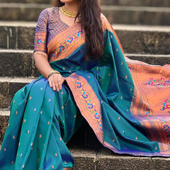 Panache Teal Blue Paithani Silk Saree With Glittering Blouse Piece
