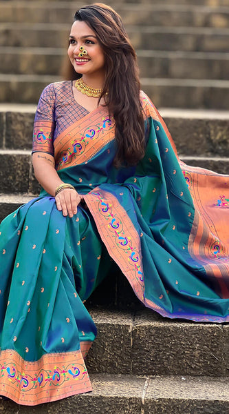 Panache Teal Blue Paithani Silk Saree With Glittering Blouse Piece