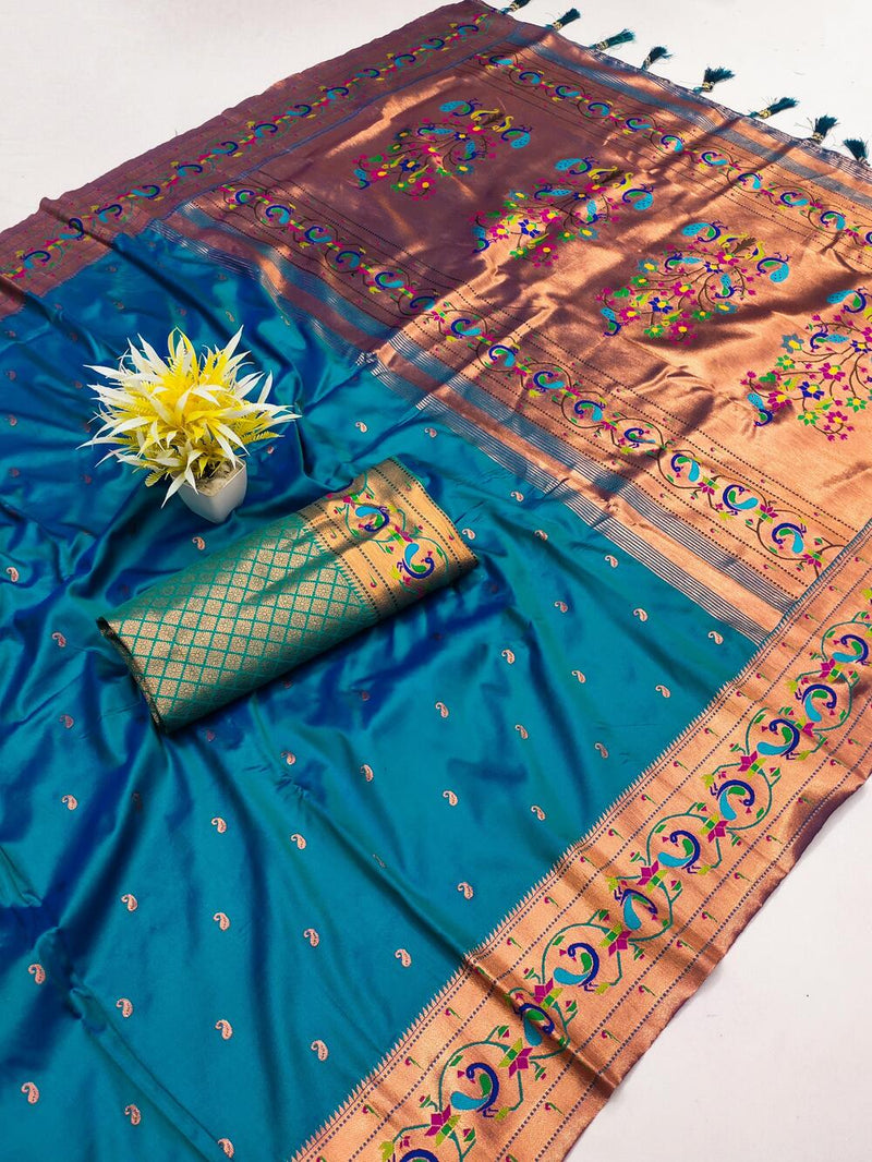 Panache Teal Blue Paithani Silk Saree With Glittering Blouse Piece