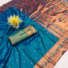Panache Teal Blue Paithani Silk Saree With Glittering Blouse Piece