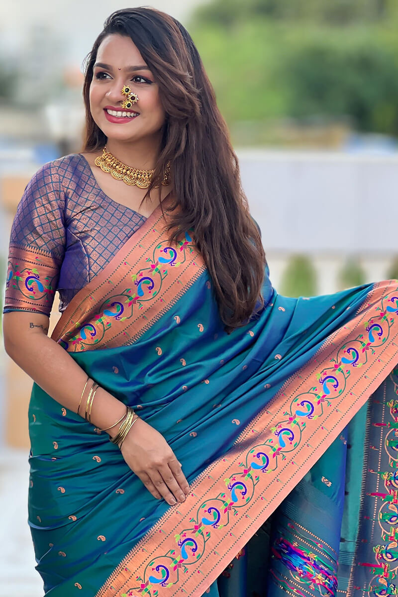 Panache Teal Blue Paithani Silk Saree With Glittering Blouse Piece