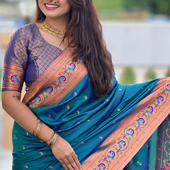 Panache Teal Blue Paithani Silk Saree With Glittering Blouse Piece
