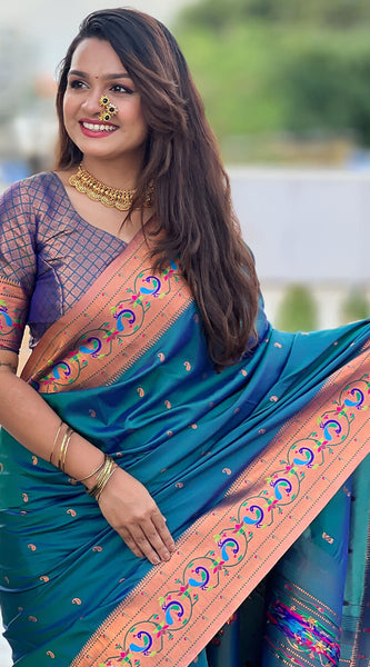 Panache Teal Blue Paithani Silk Saree With Glittering Blouse Piece