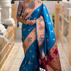 Elaborate Firozi Paithani Silk Saree With Whimsical Blouse Piece