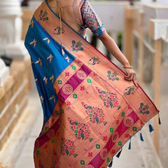 Elaborate Firozi Paithani Silk Saree With Whimsical Blouse Piece