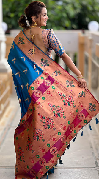 Elaborate Firozi Paithani Silk Saree With Whimsical Blouse Piece
