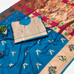Elaborate Firozi Paithani Silk Saree With Whimsical Blouse Piece