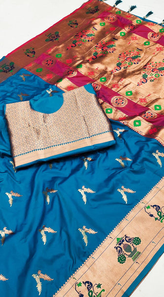 Elaborate Firozi Paithani Silk Saree With Whimsical Blouse Piece