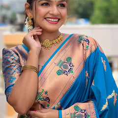 Elaborate Firozi Paithani Silk Saree With Whimsical Blouse Piece
