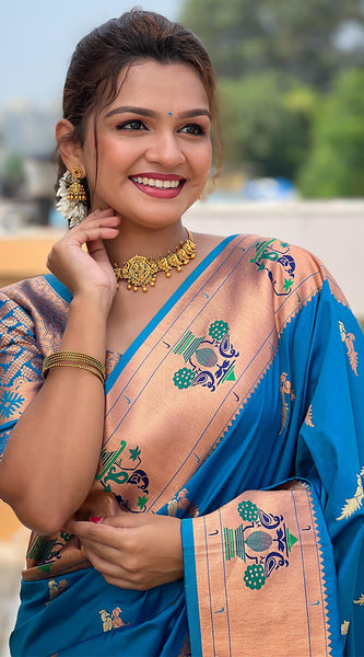 Elaborate Firozi Paithani Silk Saree With Whimsical Blouse Piece