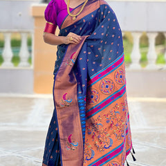 Fancifull Navy Blue Paithani Silk Saree With Glorious Blouse Piece