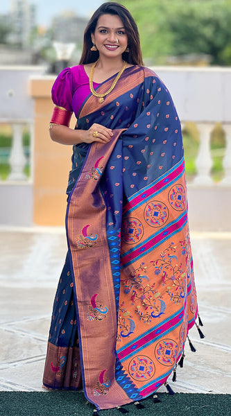 Fancifull Navy Blue Paithani Silk Saree With Glorious Blouse Piece
