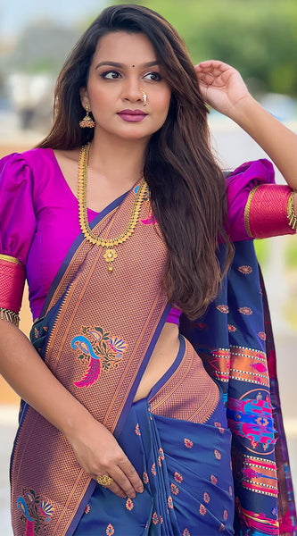 Fancifull Navy Blue Paithani Silk Saree With Glorious Blouse Piece