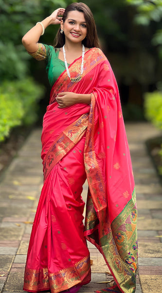 Tempting Pink Paithani Silk Saree With Felicitous Blouse Piece