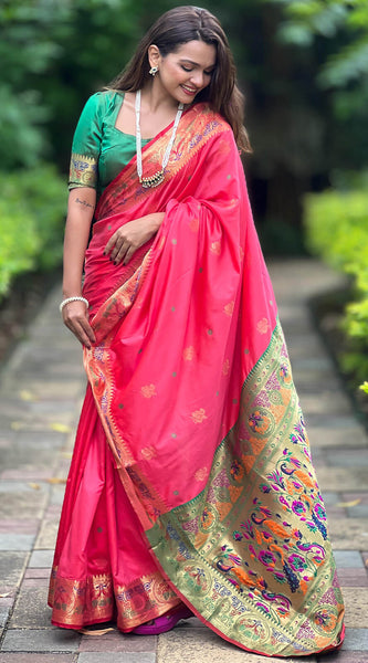 Tempting Pink Paithani Silk Saree With Felicitous Blouse Piece