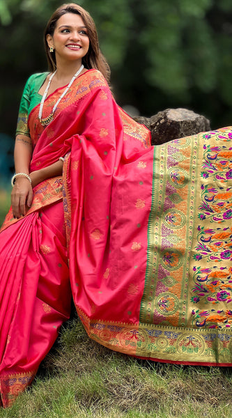 Tempting Pink Paithani Silk Saree With Felicitous Blouse Piece