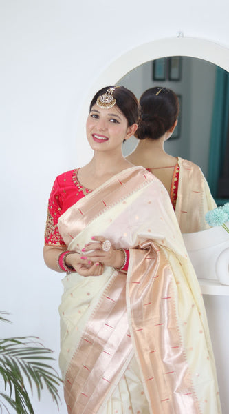 Sizzling Beige Paithani Silk Saree With Girlish Blouse Piece