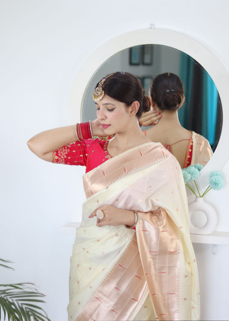 Sizzling Beige Paithani Silk Saree With Girlish Blouse Piece