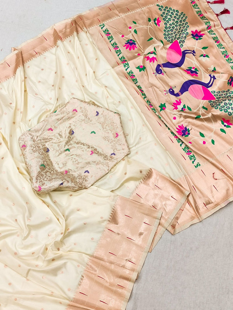 Sizzling Beige Paithani Silk Saree With Girlish Blouse Piece