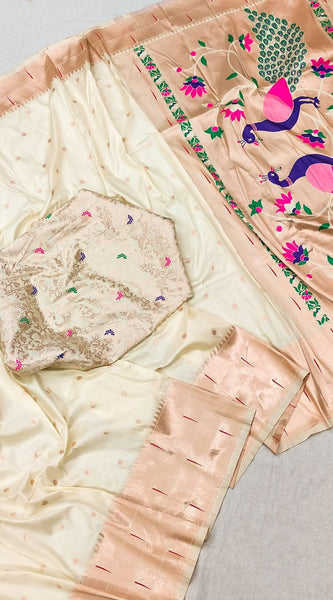 Sizzling Beige Paithani Silk Saree With Girlish Blouse Piece