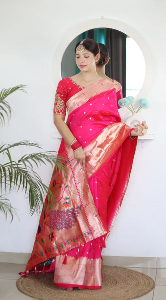 Twirling Dark Pink Paithani Silk Saree With Jazzy Blouse Piece