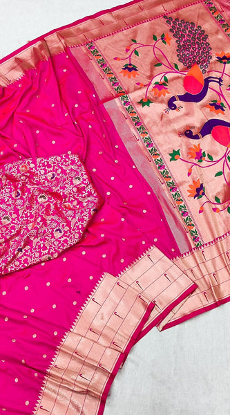 Twirling Dark Pink Paithani Silk Saree With Jazzy Blouse Piece