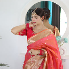 Flameboyant Peach Paithani Silk Saree With Fairytale Blouse Piece