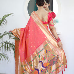 Flameboyant Peach Paithani Silk Saree With Fairytale Blouse Piece