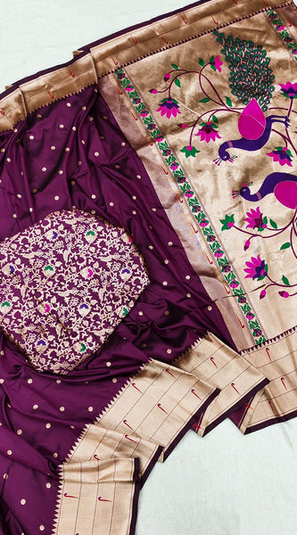 Invaluable Wine Paithani Silk Saree With Mesmerising Blouse Piece