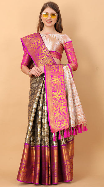 Fantabulous Black Kanjivaram Silk Saree With Engaging Blouse Piece
