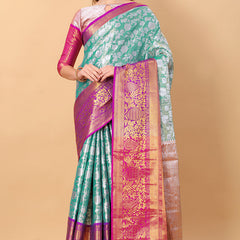 Vestigial Firozi Kanjivaram Silk Saree With Lassitude Blouse Piece