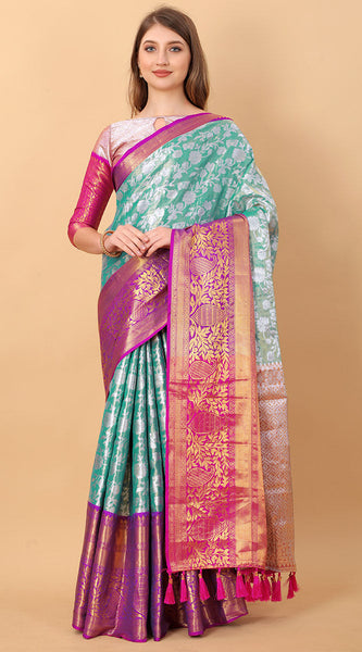 Vestigial Firozi Kanjivaram Silk Saree With Lassitude Blouse Piece
