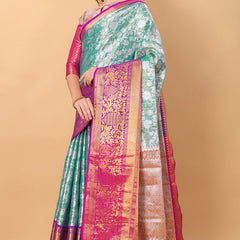 Vestigial Firozi Kanjivaram Silk Saree With Lassitude Blouse Piece